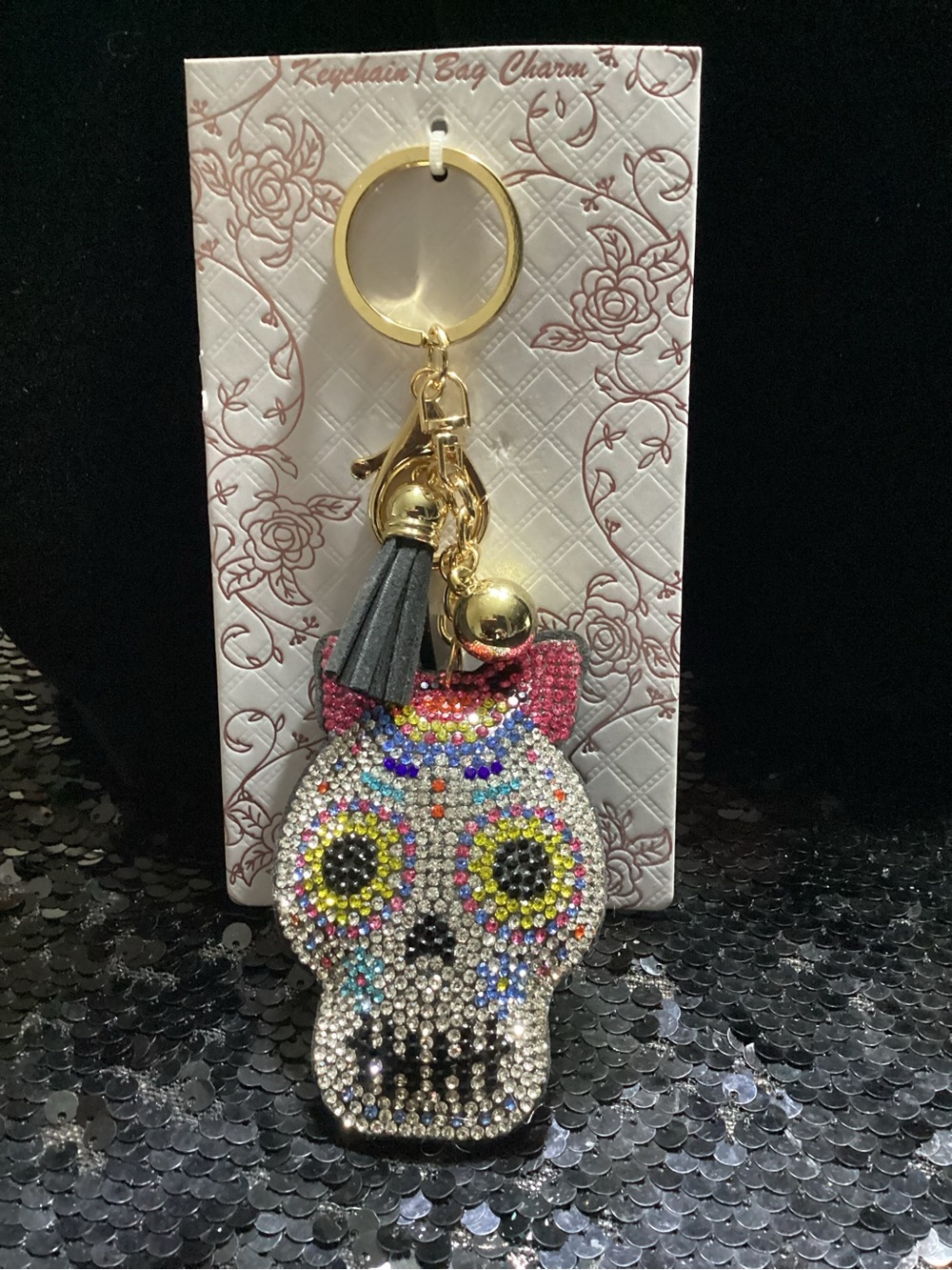 Sparkling Multicolor Sugar Skull Keychain Bag Charm - Gold Hardware